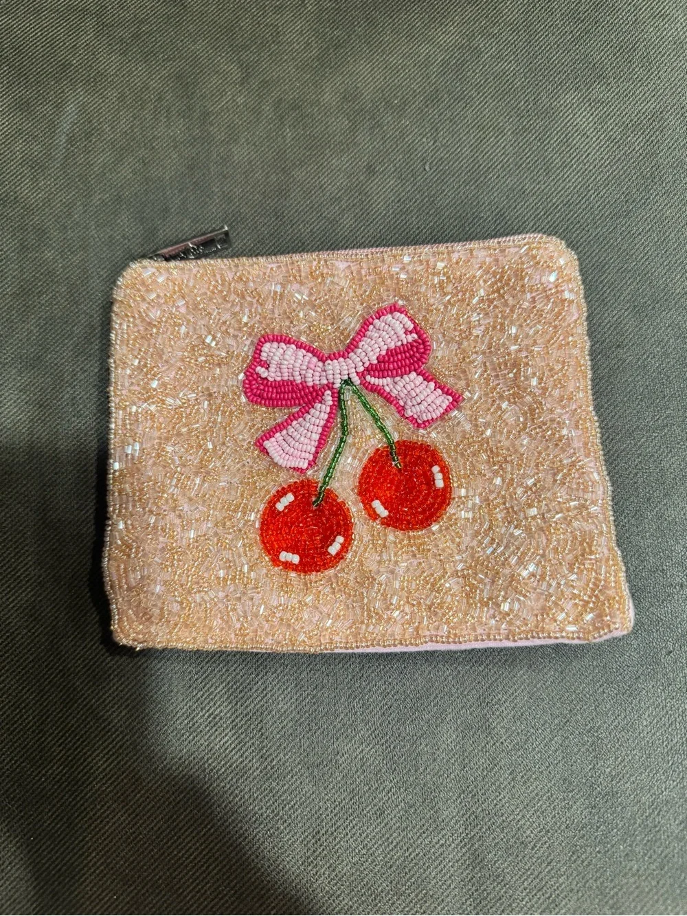 Beaded Cherry Zip Wallet - Pink